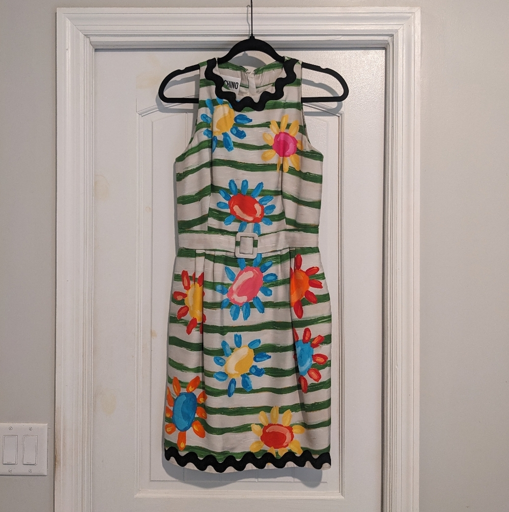 Moschino Couture Striped Ric Rac Floral 2020 Runway Belted Dress Size 6 US